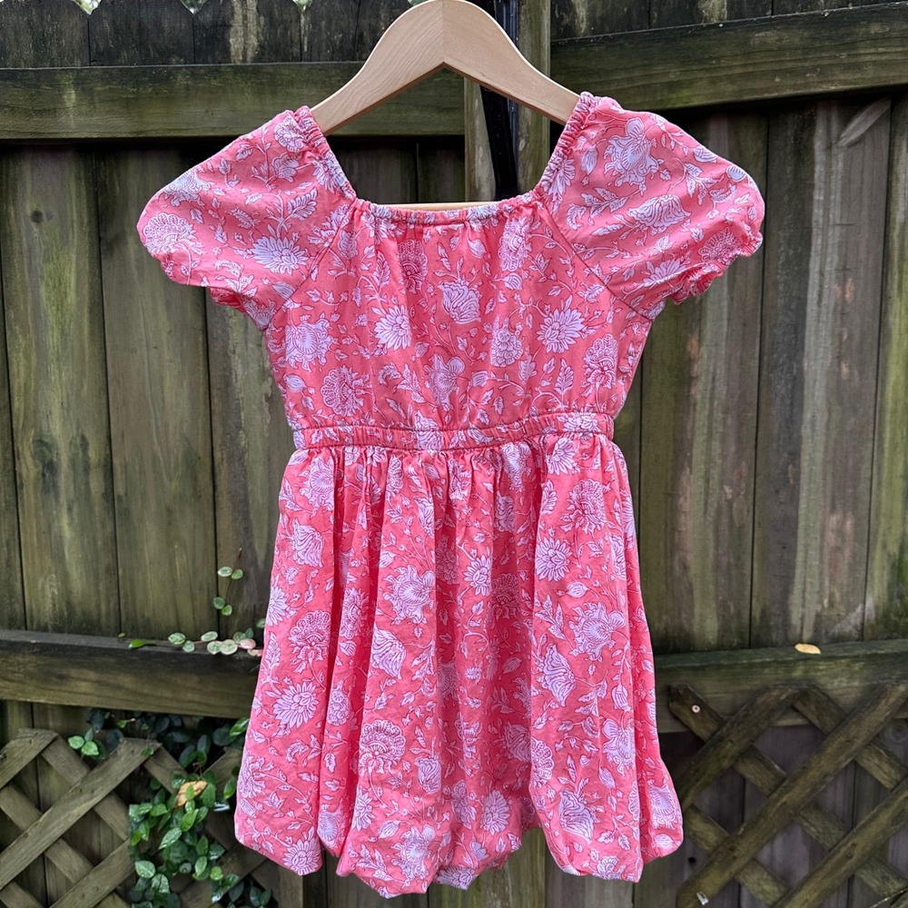 Crewcuts Girls Floral Print Dress Bubble Hem Short Sleeve Coral Pink Cotton Sz 6 - Picture 7 of 8